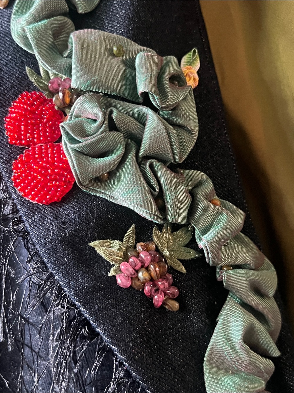 RARE MARY FRANCES Black Denim Jacket with Beaded/Embellished Fruits Size Small - Picture 3 of 16